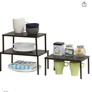 Expandable, stackable cabinet and counter shelf organizers